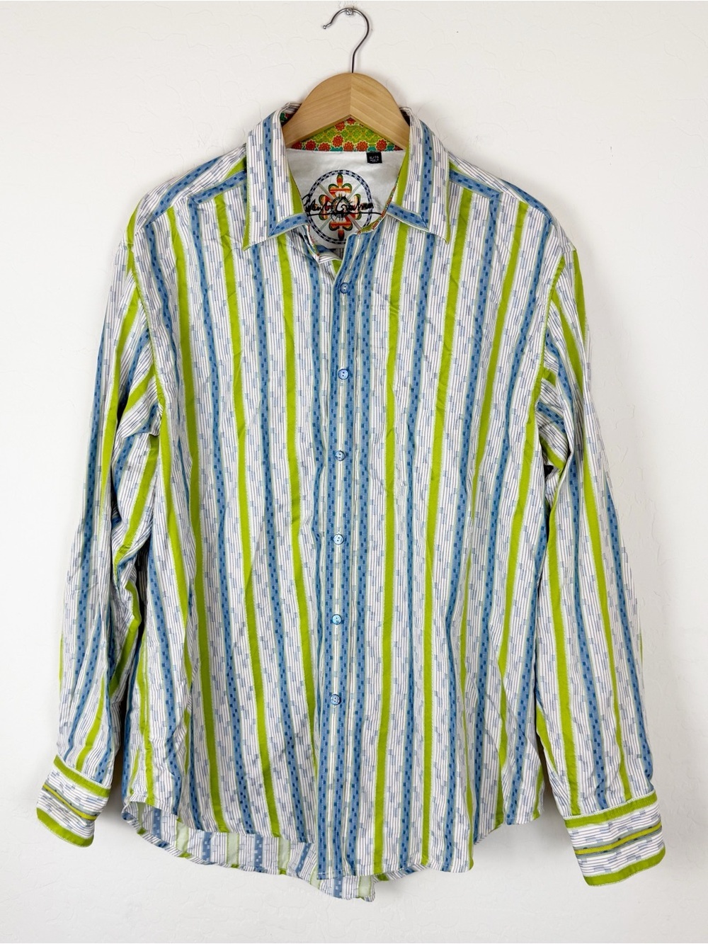 Robert Graham Green Blue Striped Men’s Button-Down Cotton Shirt